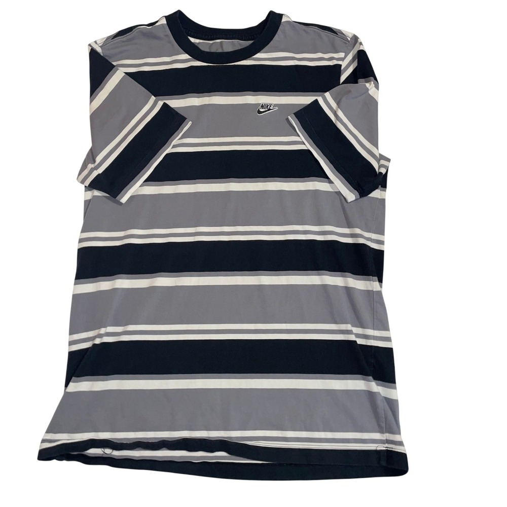 Nike Mens Striped Short Sleeve T-Shirt Navy Blue Grey White Embroidered Logo M